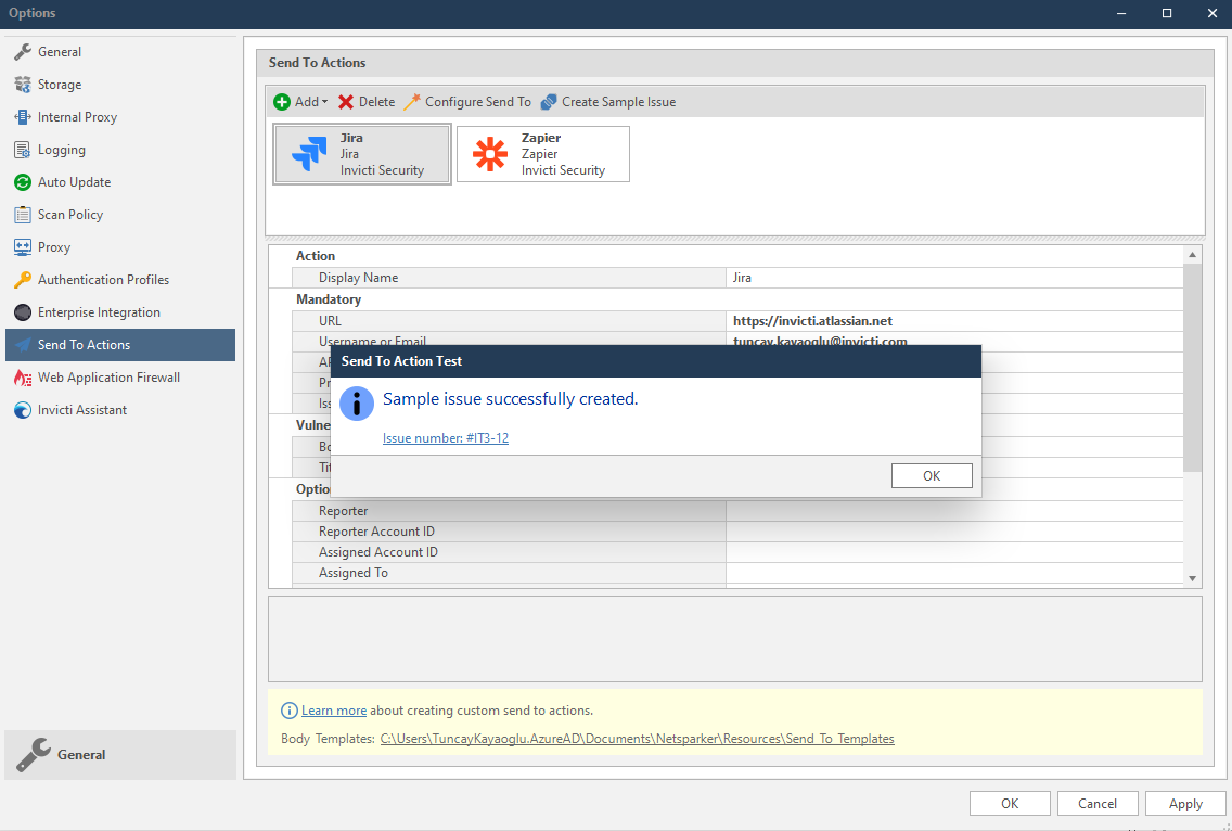 Create Sample Issue button and test confirmation dialog for Jira connection verification