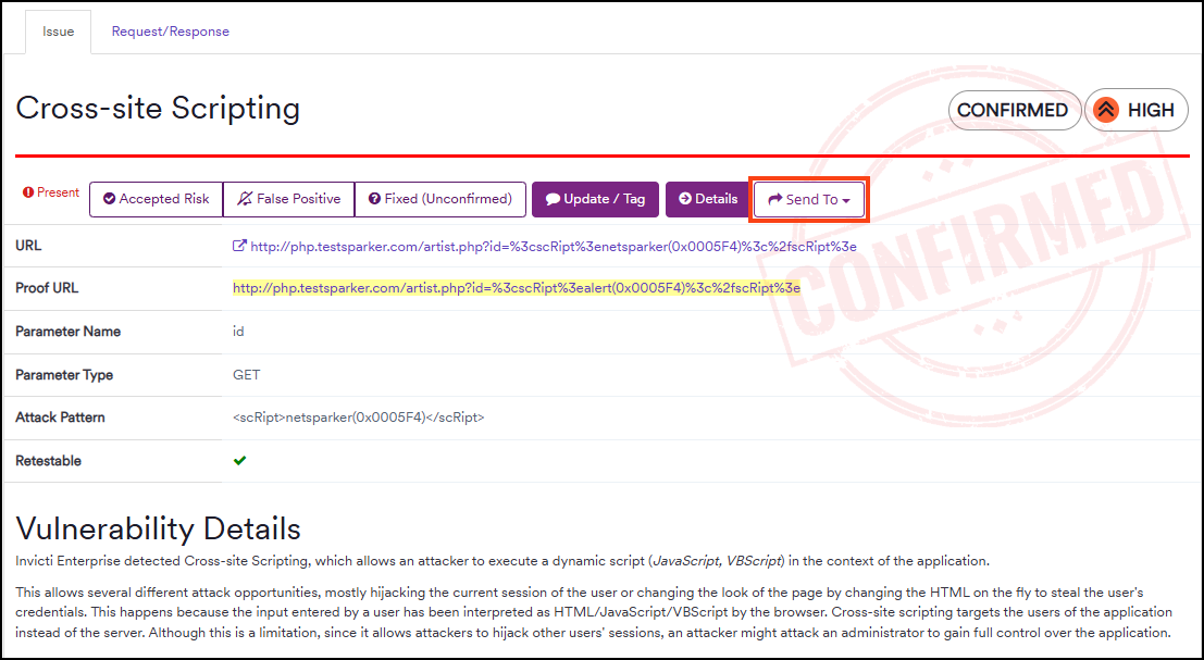 Sending issues to Jira from recent scan report showing issue selection and Send To option