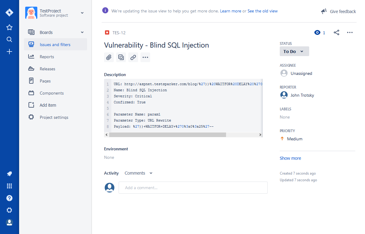 Successfully exported vulnerability displayed in Jira Issues and Filters tab with security details