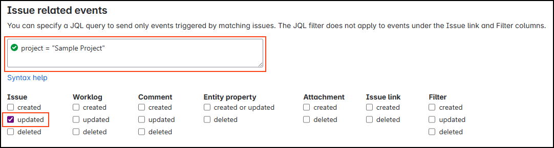 Jira webhook events configuration showing project filtering and issue events selection