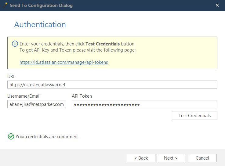 Jira wizard authentication step showing URL and API access key configuration