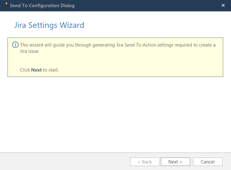 Configure Send To wizard launch button for guided Jira integration setup