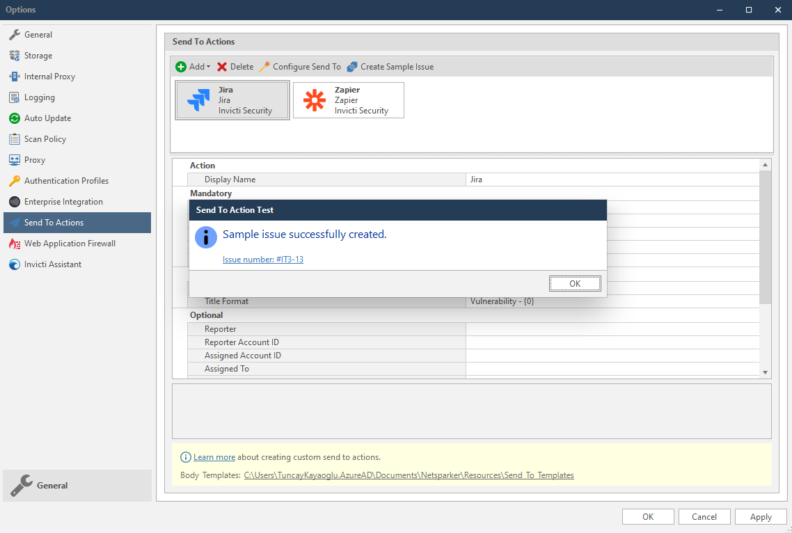 Jira wizard integration test completion with successful sample issue creation and verification