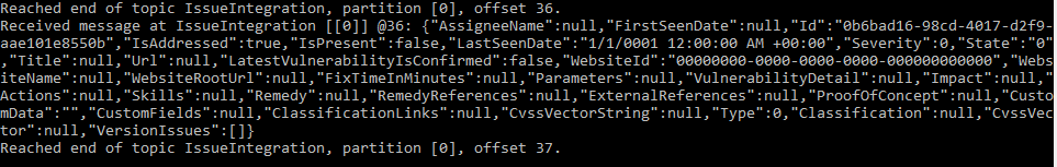 Sample JSON serialized message output from Invicti Enterprise to Kafka