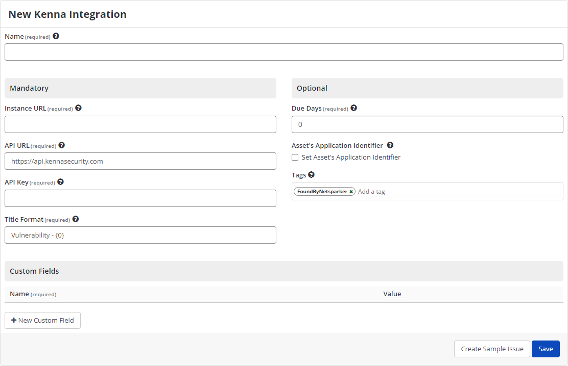 New Kenna Integration window showing Kenna selection from issue tracking systems