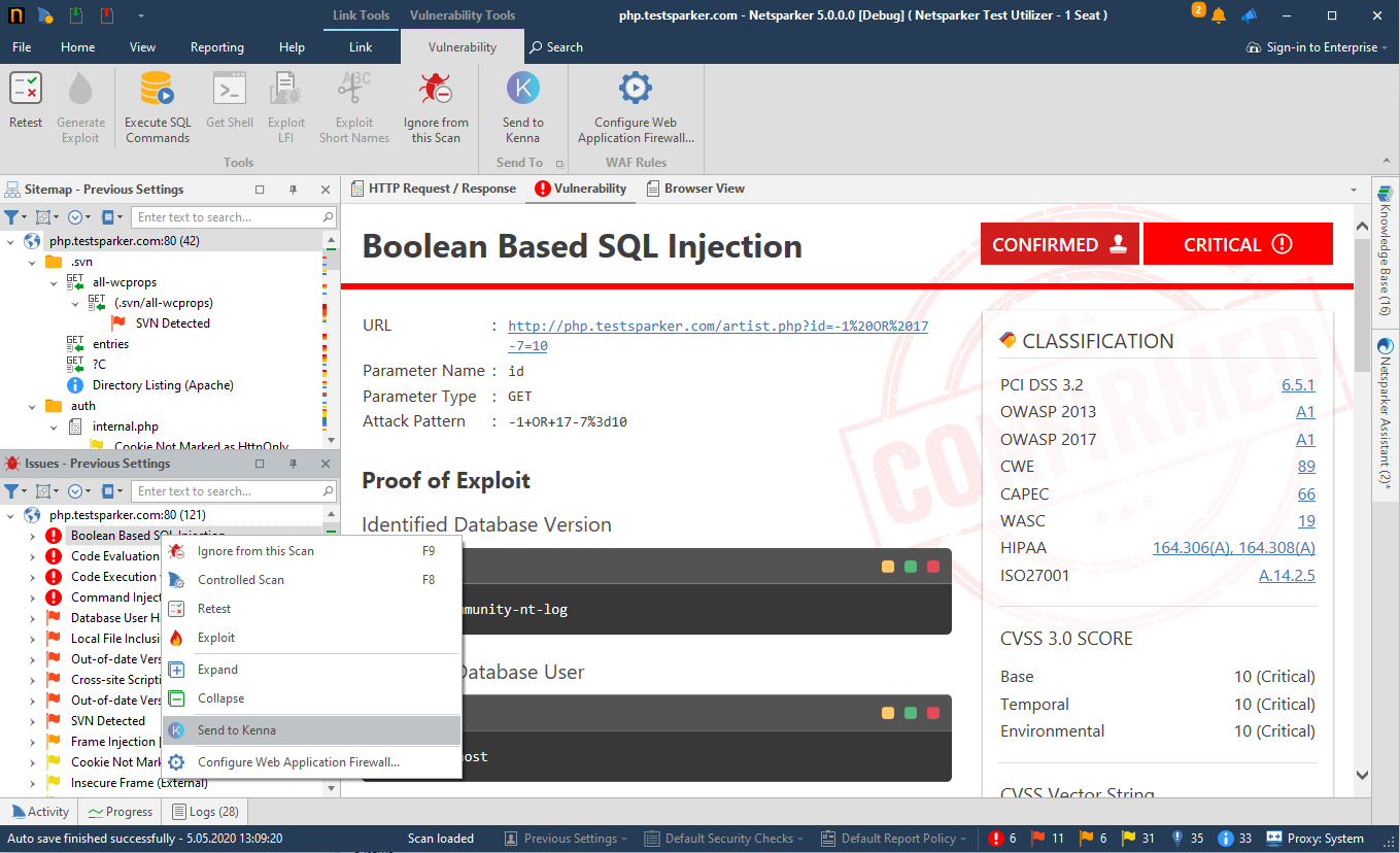 Invicti Standard scan results view showing vulnerabilities ready for export to Kenna
