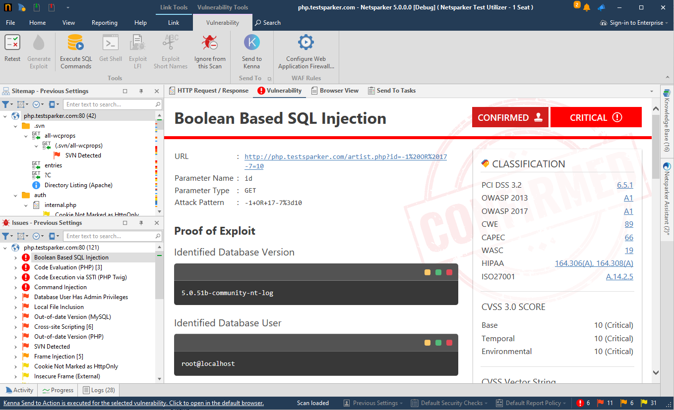 Invicti Standard scan results view showing vulnerabilities ready for export to Kenna