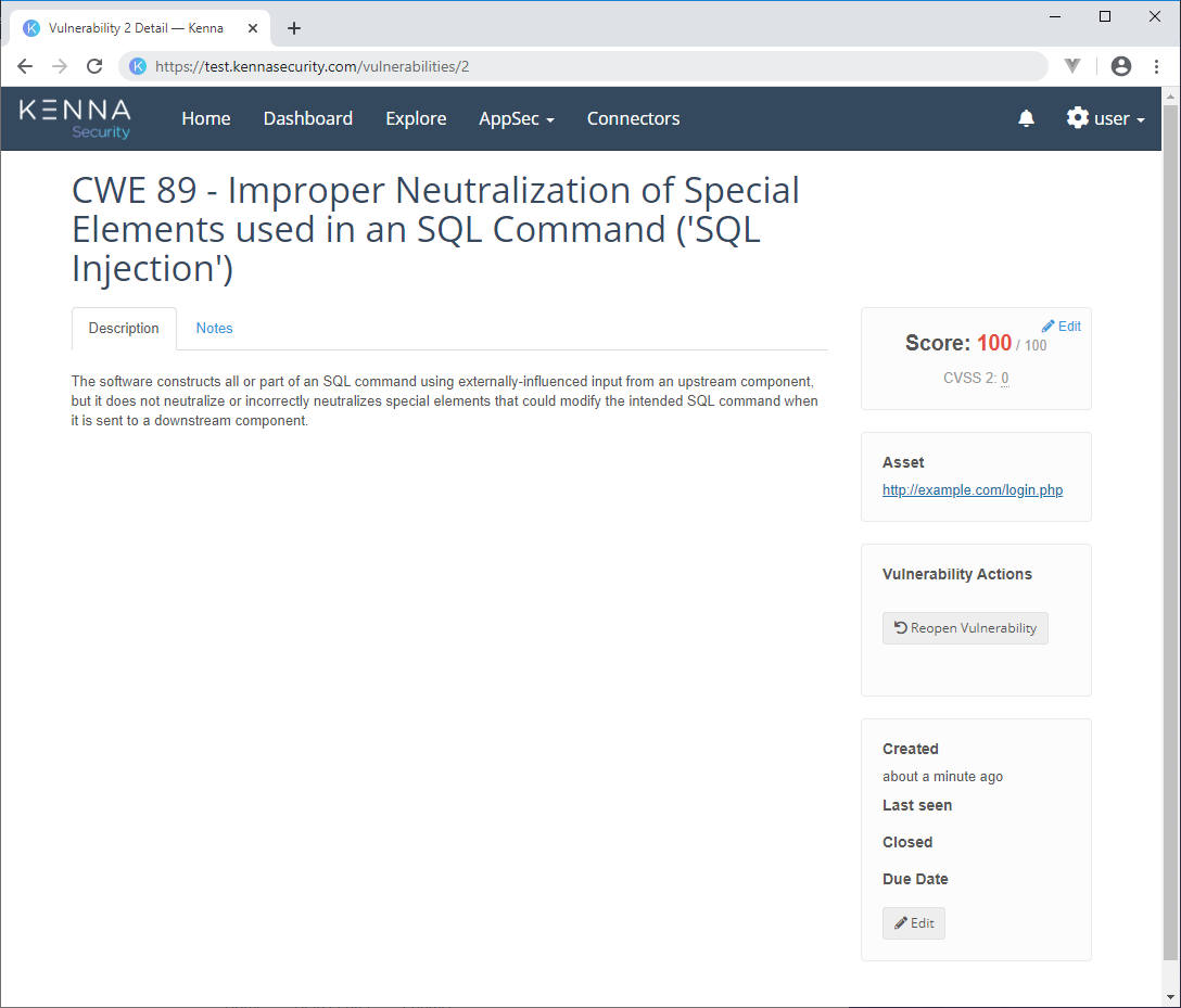 Invicti Standard scan results view showing vulnerabilities ready for export to Kenna