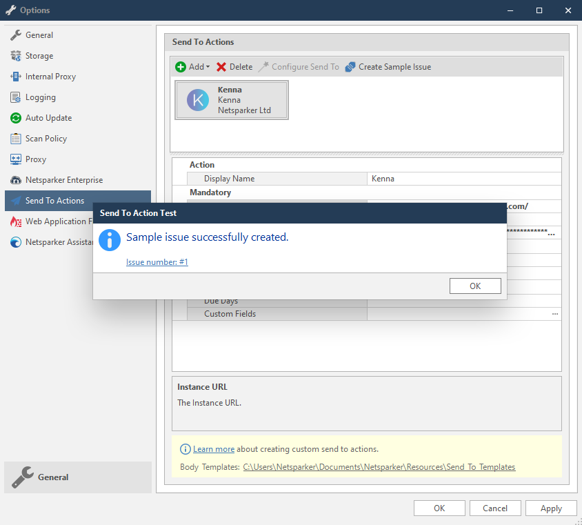 Kenna test connection dialog showing Create Sample Issue confirmation and results