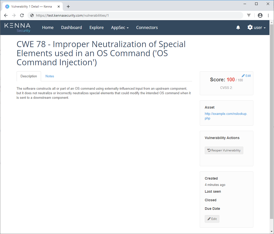 Kenna test connection dialog showing Create Sample Issue confirmation and results
