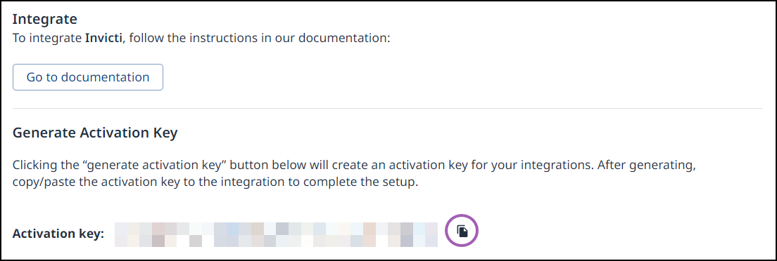 Copying the activation key from Mend for Invicti integration