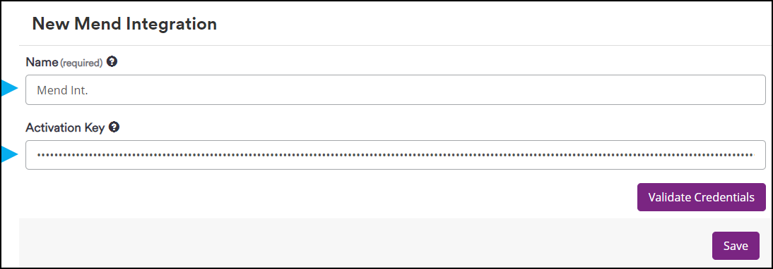 Configuring Mend integration with name and activation key