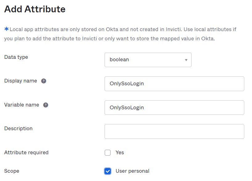 Okta Add Attribute Form