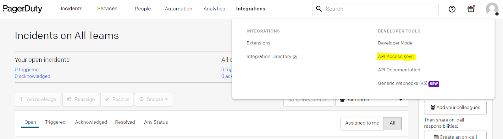 PagerDuty API Access Keys menu navigation