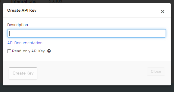 Create API Key popup window with description field