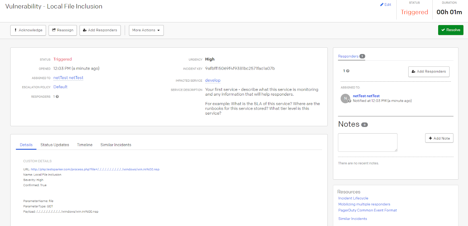PagerDuty incident details page showing vulnerability information