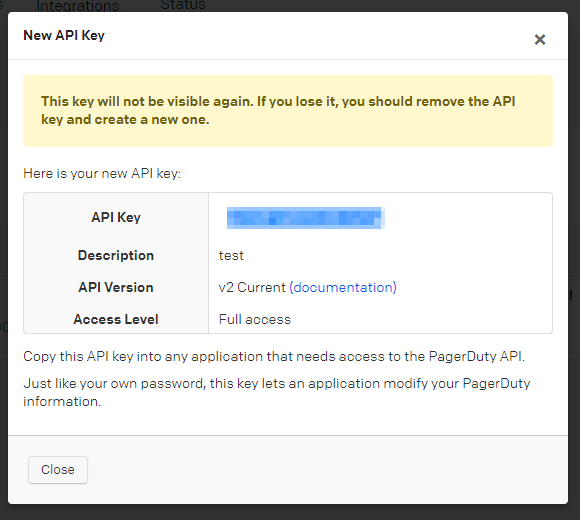 Create API Key popup window with description field