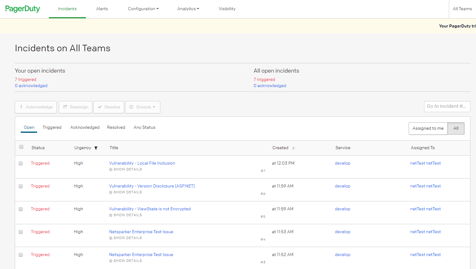 PagerDuty opened problem logs showing vulnerability incidents
