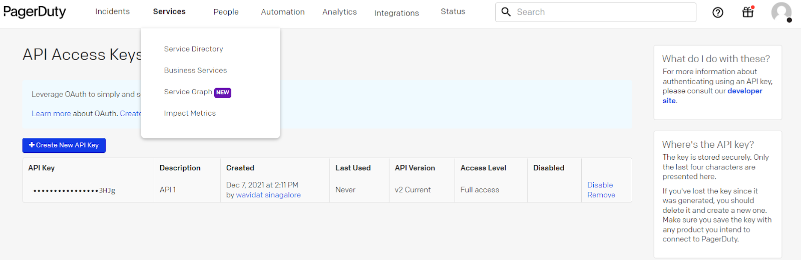 PagerDuty Service Directory showing available services