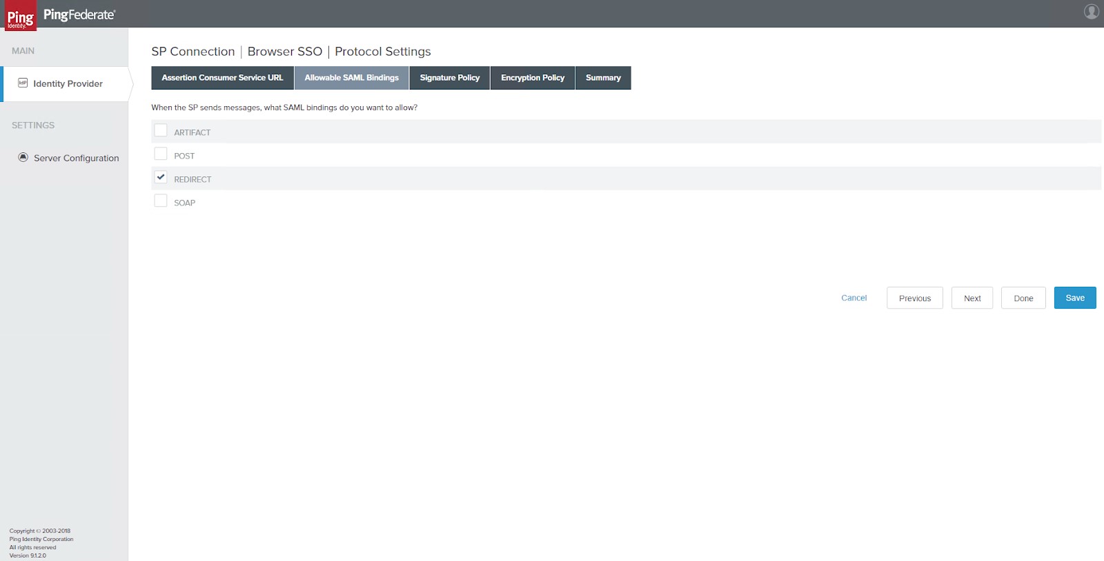 PingFederate Allowable SAML Bindings