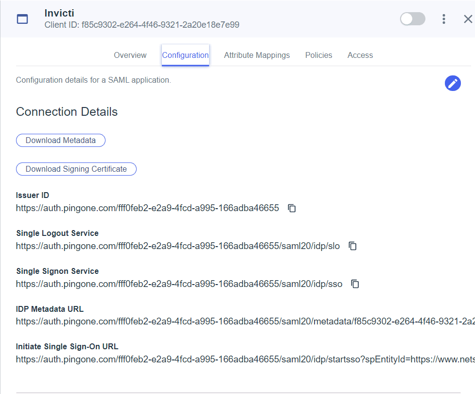 Ping Identity Connection Details