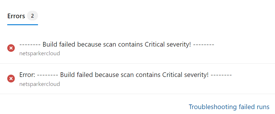 Pipeline summary page showing build fail errors detected by Invicti Enterprise