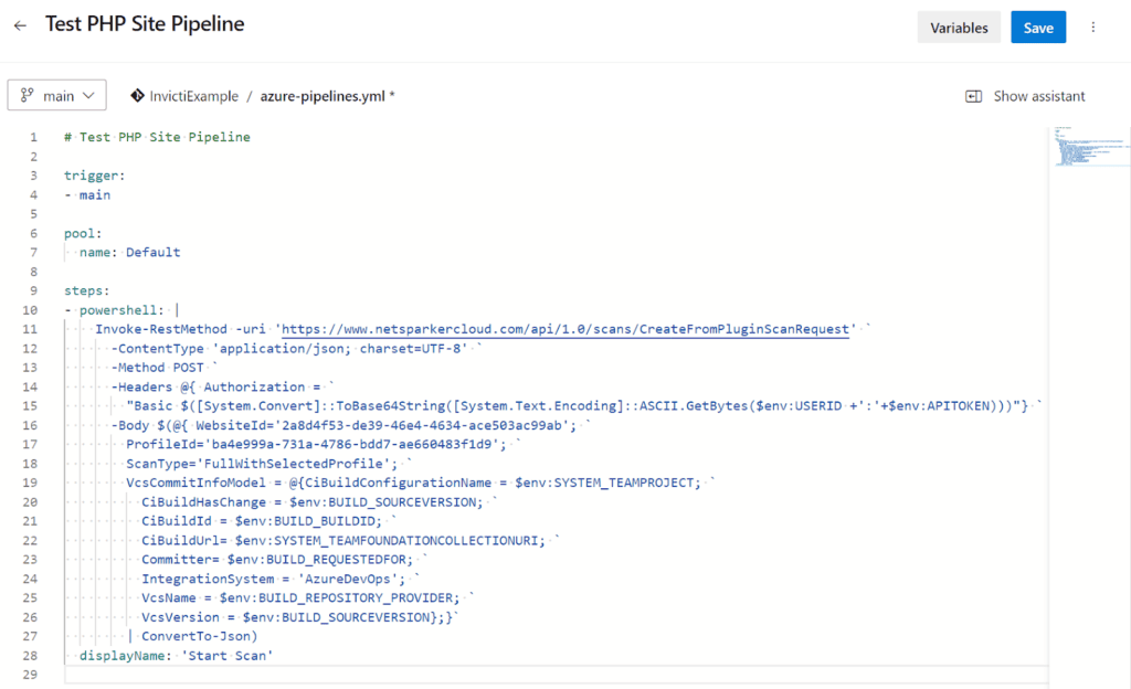 Pipeline editor showing integration script deployment in pipeline steps