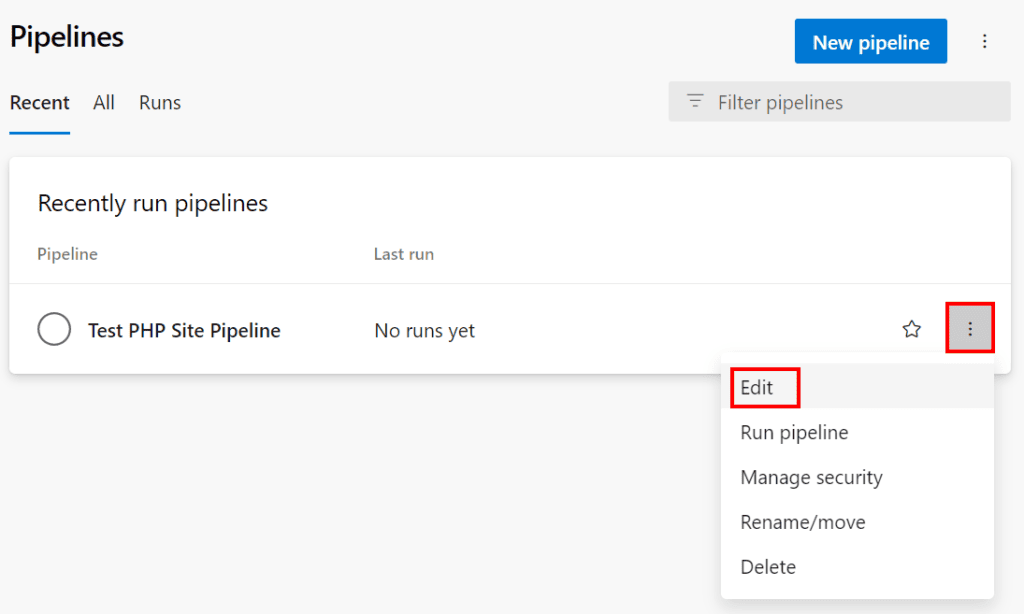 Pipeline list showing Options menu and Edit selection for pipeline configuration