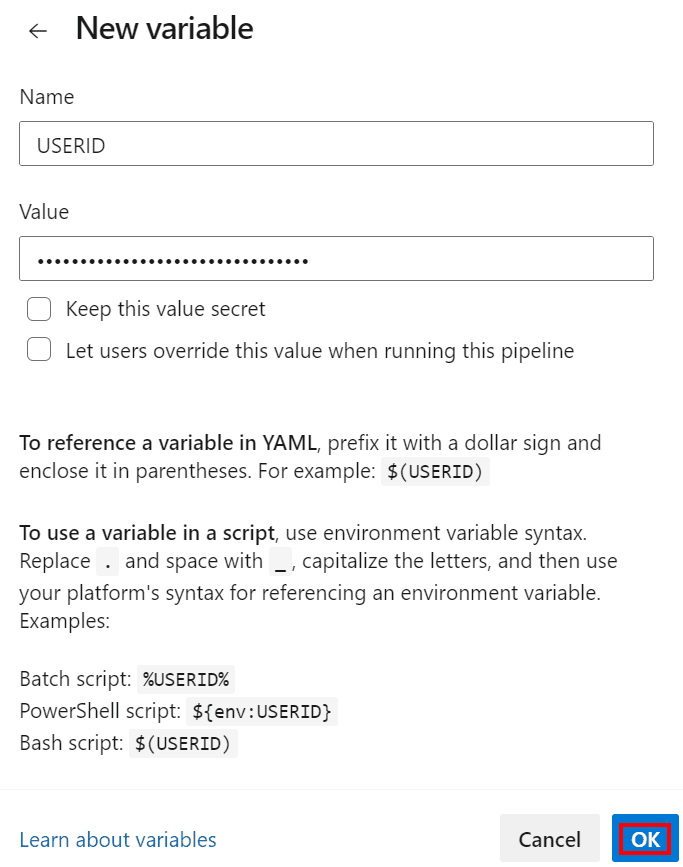 Pipeline variables configuration showing USERID and APITOKEN variable setup