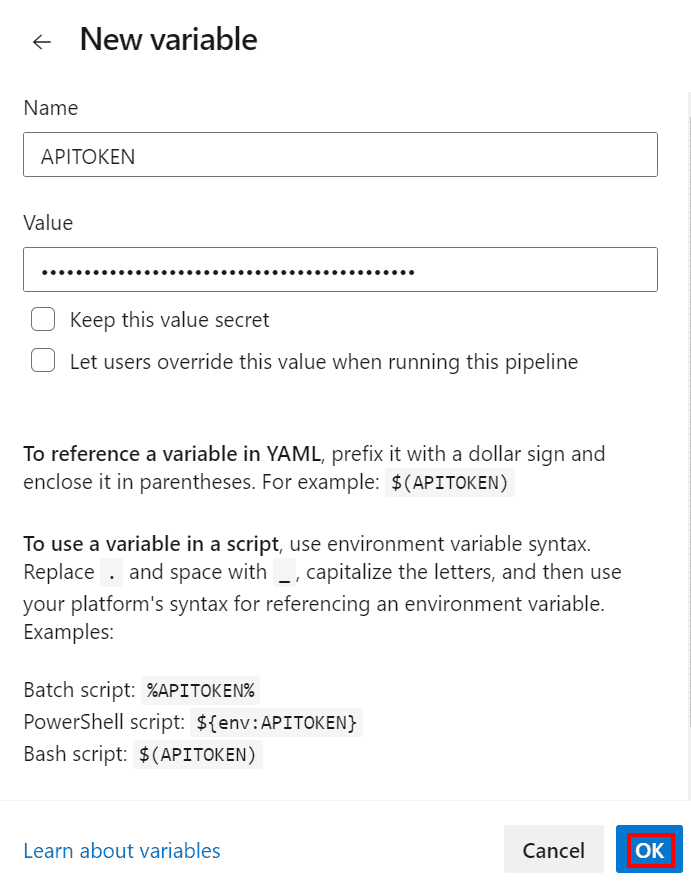 Pipeline variables configuration showing USERID and APITOKEN variable setup