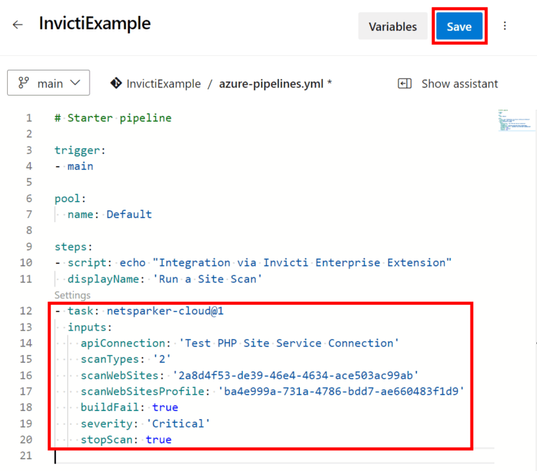 Pipeline YAML file showing Invicti Enterprise task definition in steps section