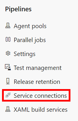 Azure DevOps Project Settings showing Pipelines and Service connections navigation