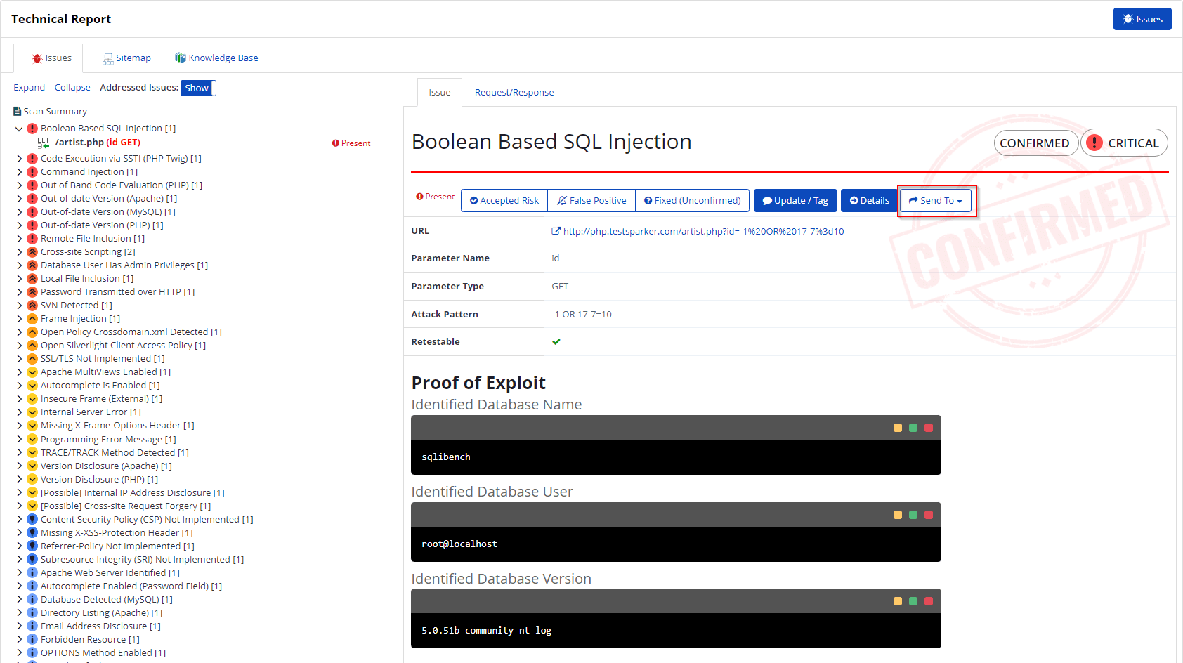 Recent Scans window showing Send To Bitbucket option from Technical Report section
