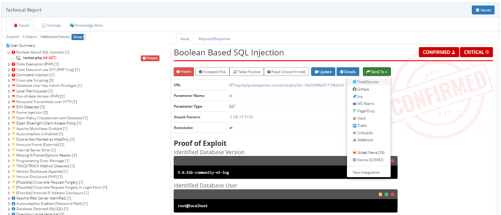 Recent Scans Technical Report section showing Send To Freshservice option for individual vulnerabilities