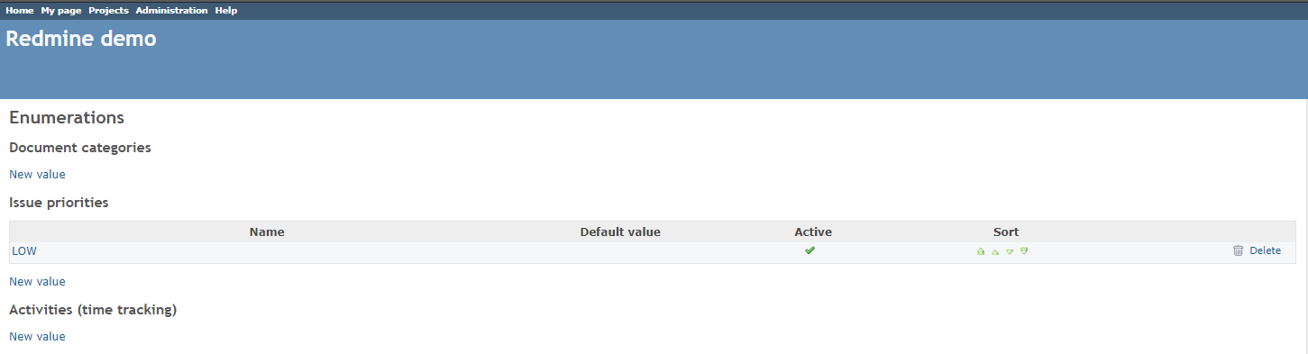 Redmine enumerations administration page showing priority configurations