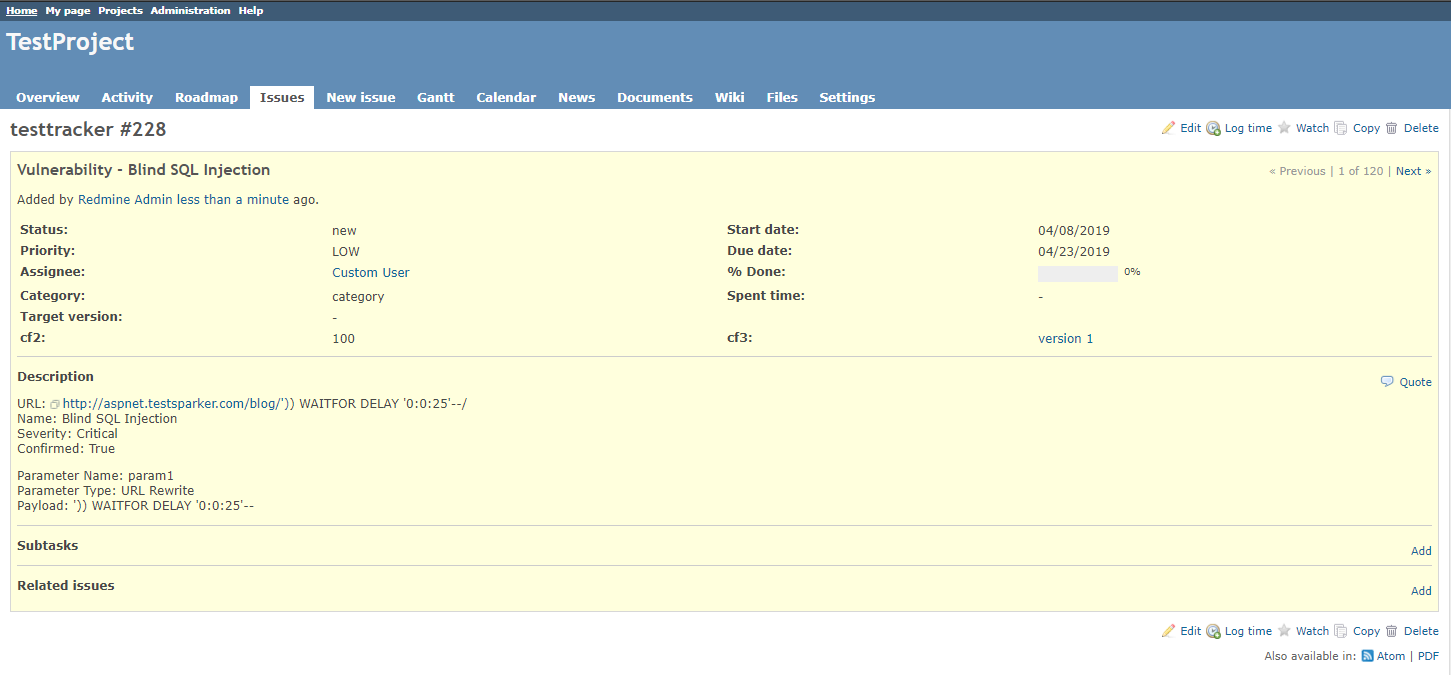 Redmine Issues tab displaying the exported vulnerability as a new issue with complete details