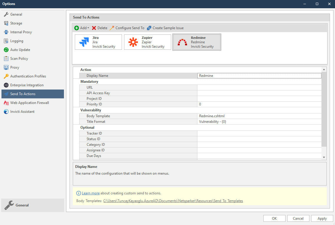 Redmine integration configuration form showing all mandatory and optional fields