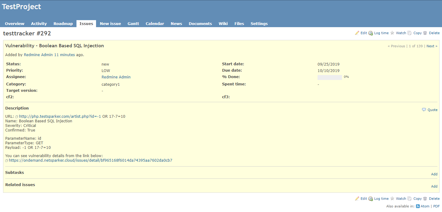 Redmine interface showing opened vulnerability issues from Invicti Enterprise