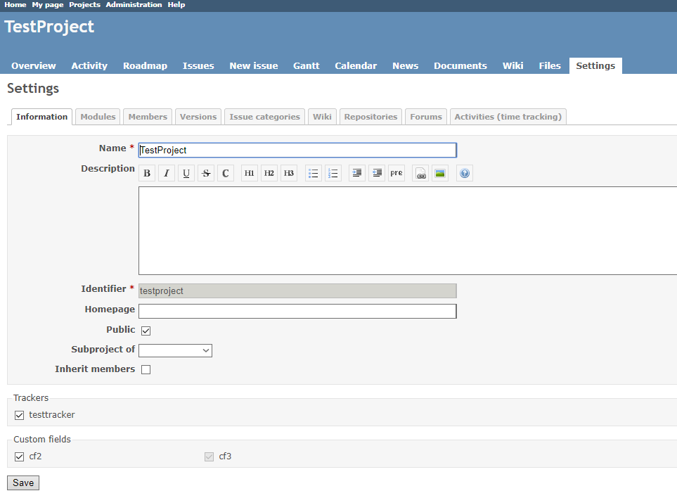 Redmine project information tab showing project identifier for integration setup