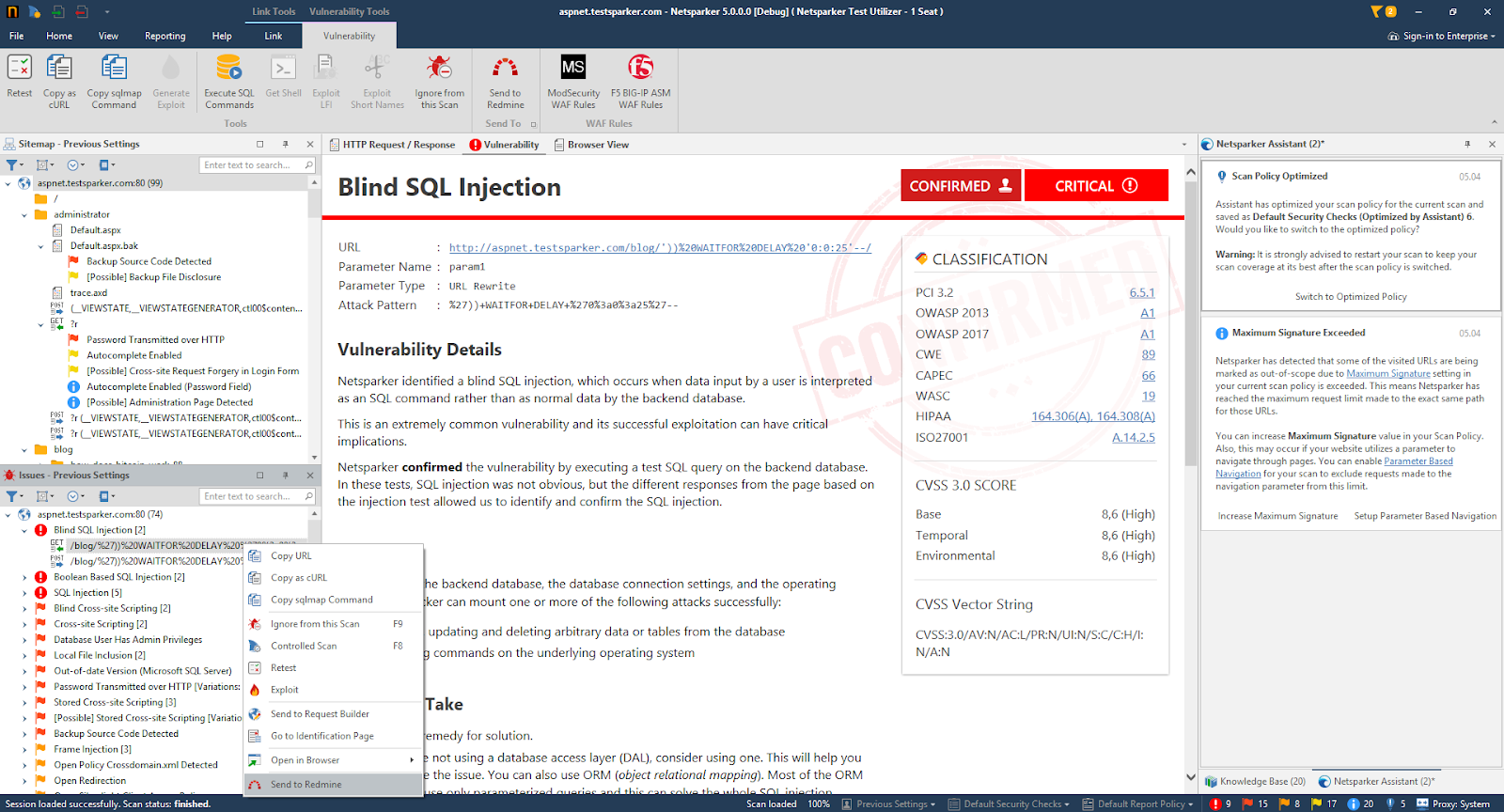 Invicti Standard scan results view showing vulnerabilities ready for export to Redmine