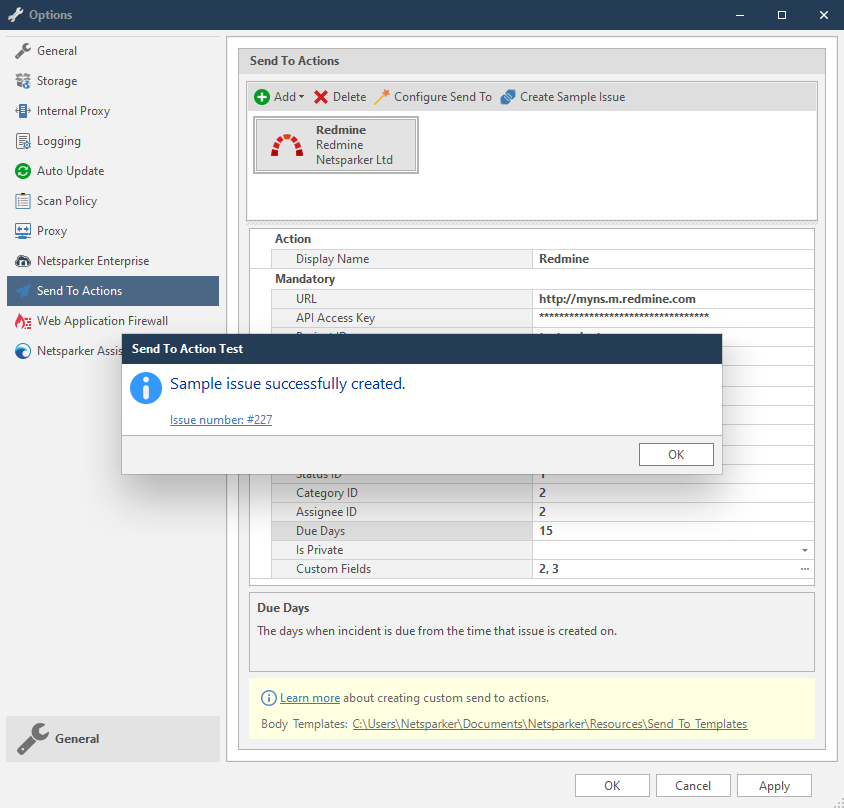 Redmine test connection dialog showing Create Sample Issue confirmation and results