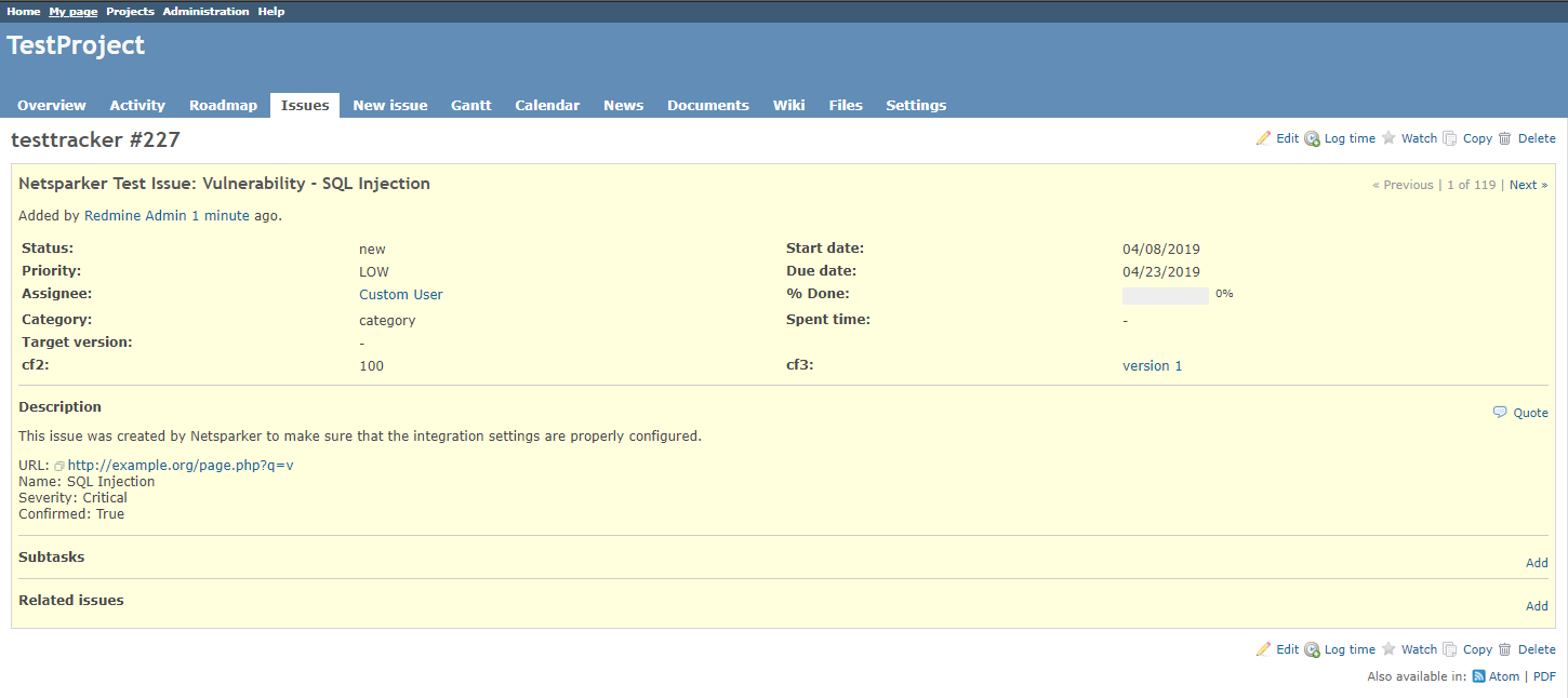Redmine test connection dialog showing Create Sample Issue confirmation and results