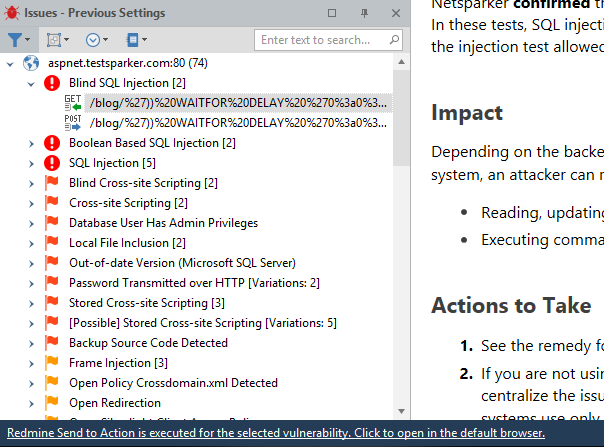 Invicti Standard Issues panel showing right-click context menu with Send to Redmine option