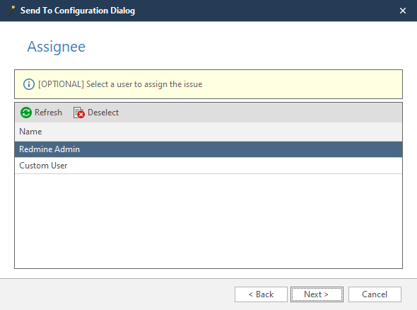 Redmine wizard assignee selection step showing available team members