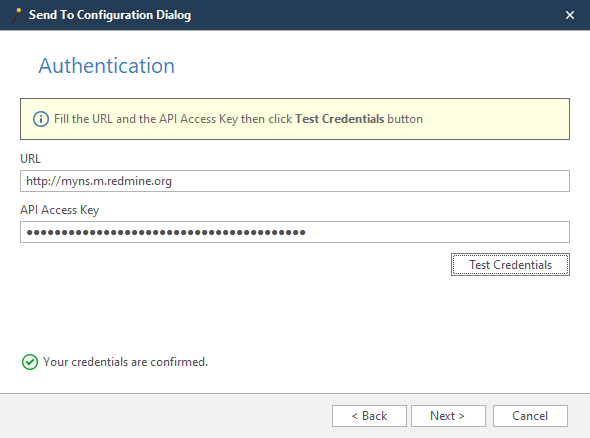 Redmine wizard authentication step showing URL and API Access Key fields with Test Credentials button