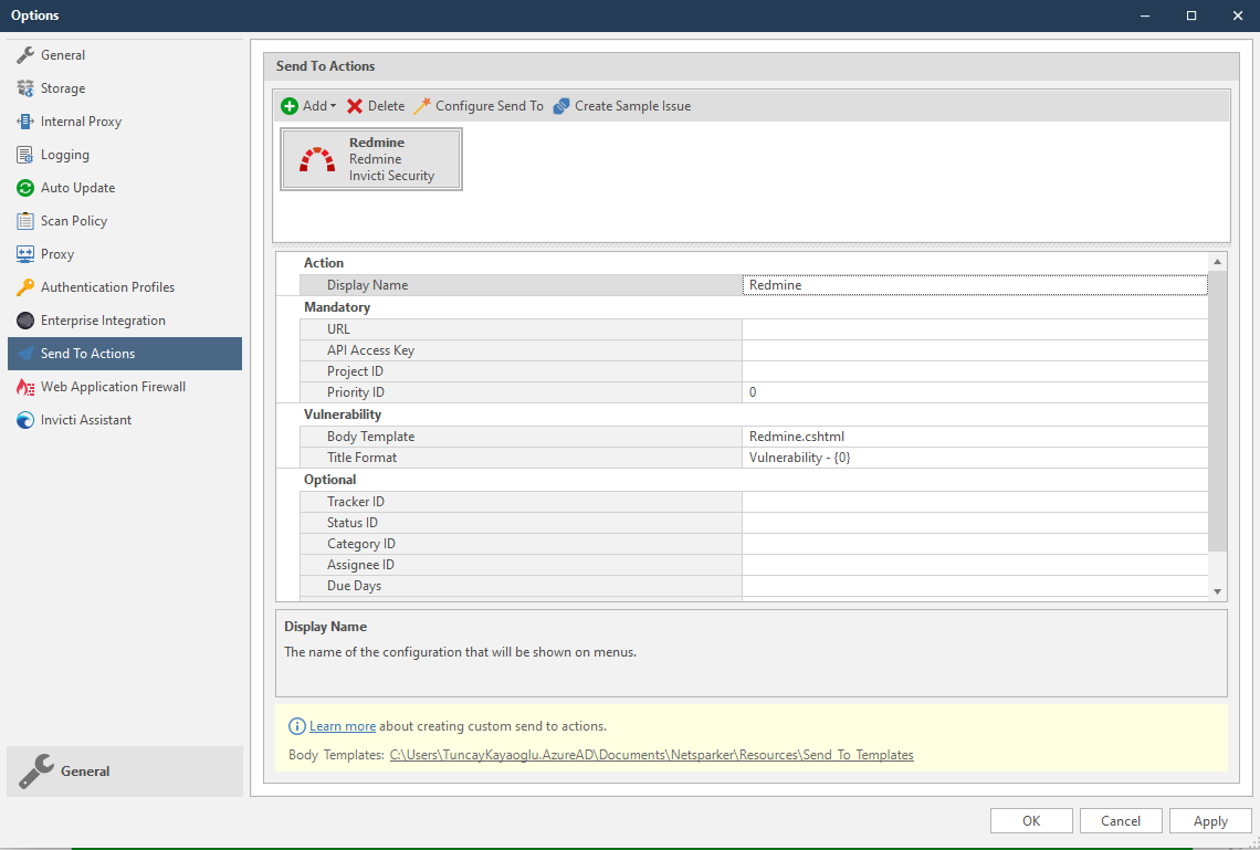 Redmine integration form showing Configure Send To button to launch the configuration wizard