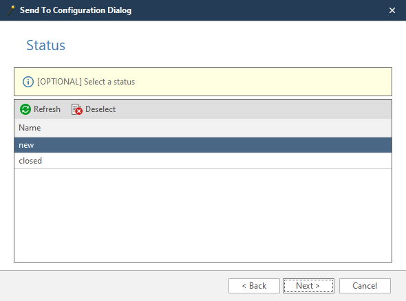 Redmine wizard status selection step showing available status options
