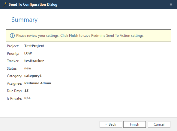 Redmine wizard summary step showing review of all configured settings with Finish button
