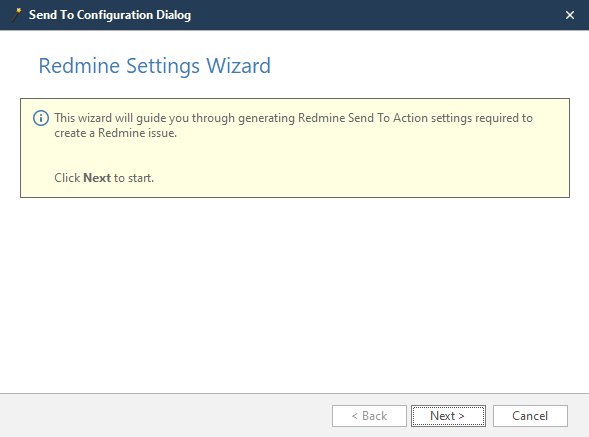 Redmine configuration wizard welcome screen with Next button to proceed