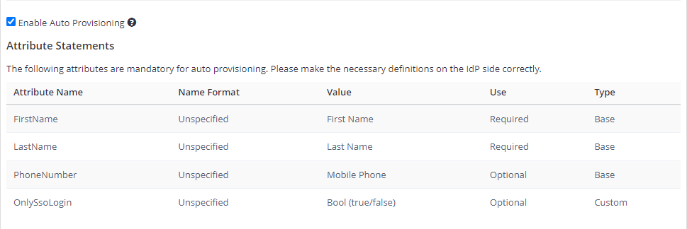 SAML auto provisioning settings